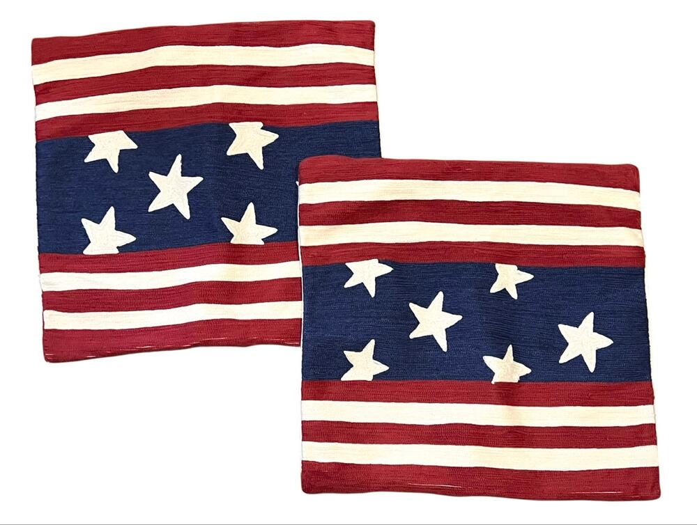 Pottery Barn Embroidered Patriotic Pillow Cover Set of 2 Stars Stripes 18x18”